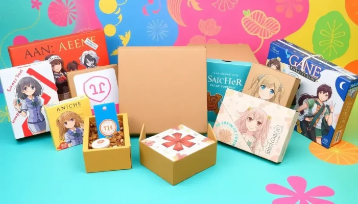 A collection of anime subscription boxes with vibrant designs and character illustrations.