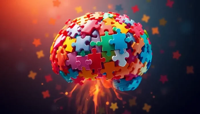 An artistic representation of a brain composed of interlocking puzzle pieces.