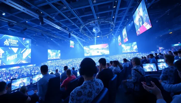 An elegant, high-tech esports event attended by sophisticated spectators.